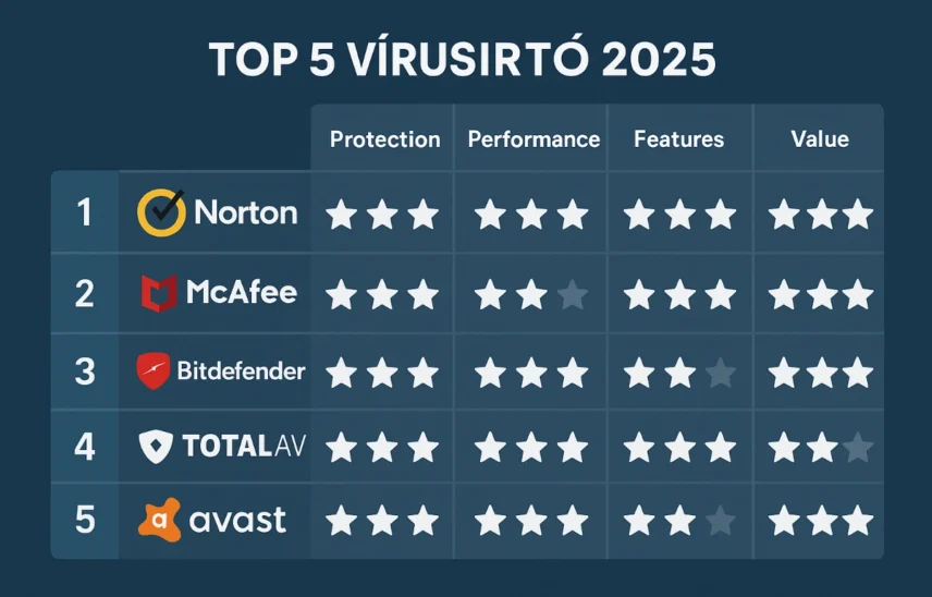 Top 5 vírusirtó 2025 összehasonlítás