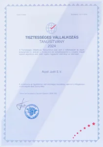 Tisztességes vállalkozás 2024 oklevél
